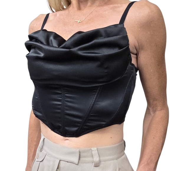 Urban Outfitters Tops - Urban Outfitters Black Satin Corset Bustier Top Boned Cowl Neck Zip Back M